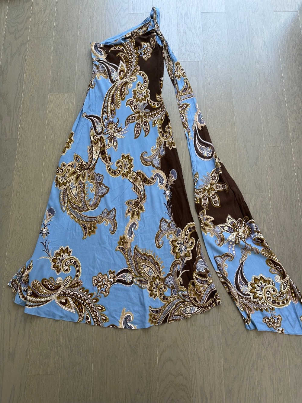 HEMANT & NANDITA One-Shoulder Paisley Maxi Dress in Light Blue and Brown - Picture 6 of 10